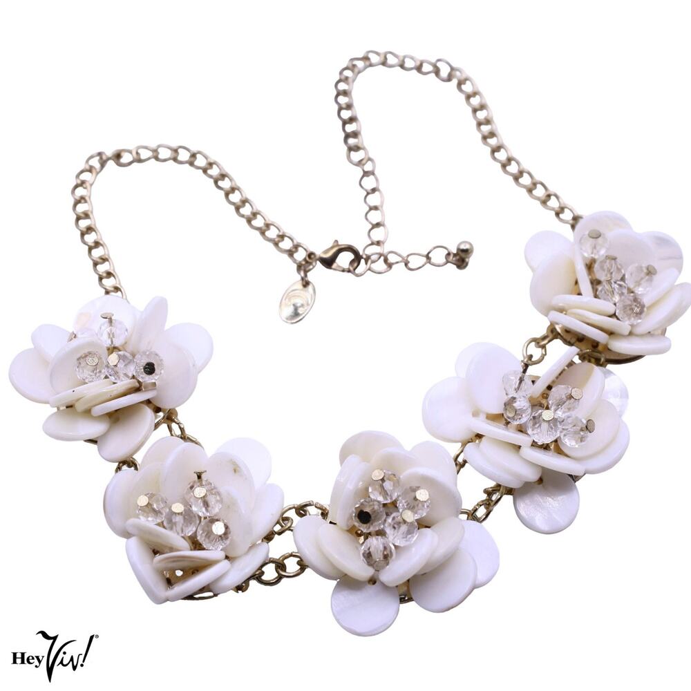 Charming Charlie 3D Ivory Rose with Beads Statement Bib Necklace 18" - Hey Viv